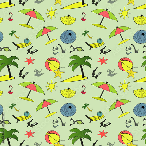  Patrón sin costuras con palmeras, sombrillas y elementos marinos en estilo divertido.
