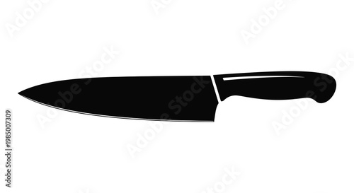 A stark black silhouette of a chef s knife against a white background silhouette