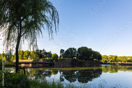 Imperial Palace moat and traditional watchtower in Tokyo, Japan