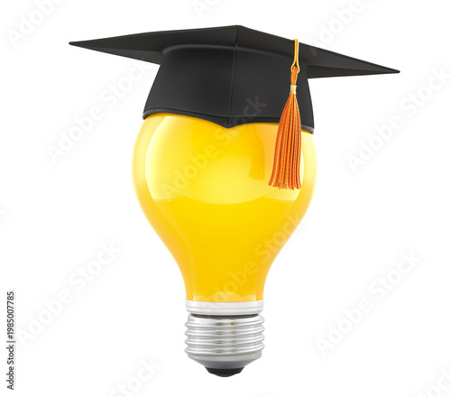 Yellow light bulb with graduation cap. Education, knowledge, smart idea concept. 3D rendering