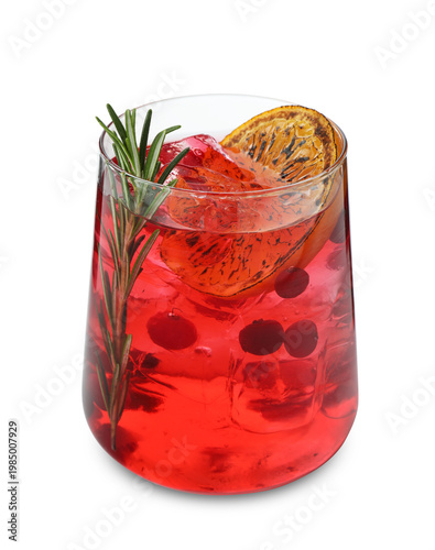 Foto Tasty refreshing cocktail with berries, orange slice and rosemary in glass isola