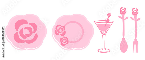 Pink rose plate cocktail glass and floral cutlery elegant romantic design