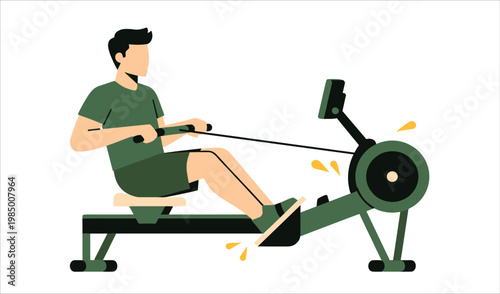 Athletic man performing rowing machine exercise for indoor fitness training