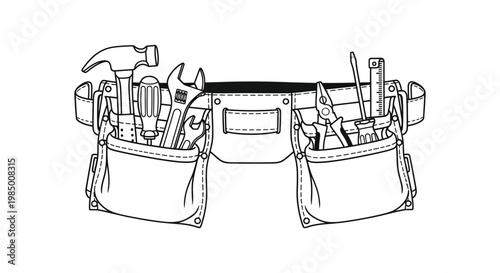 A detailed illustration of a tool belt filled with various hand tools silhouette
