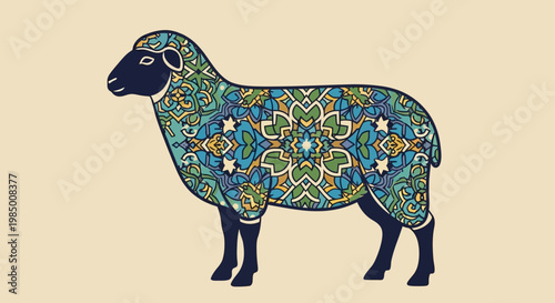 A beautifully decorated sheep with intricate floral patterns in blue, green, and gold