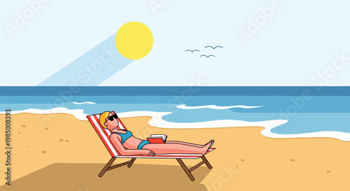 Relaxing woman sunbathing on a beach chair on a sandy beach with the ocean and sun in the background, enjoying a summer vacation