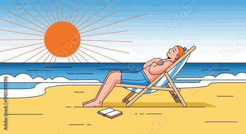 Man Relaxing on a Beach Chair Under the Sun, Enjoying a Peaceful Summer Vacation with a Book