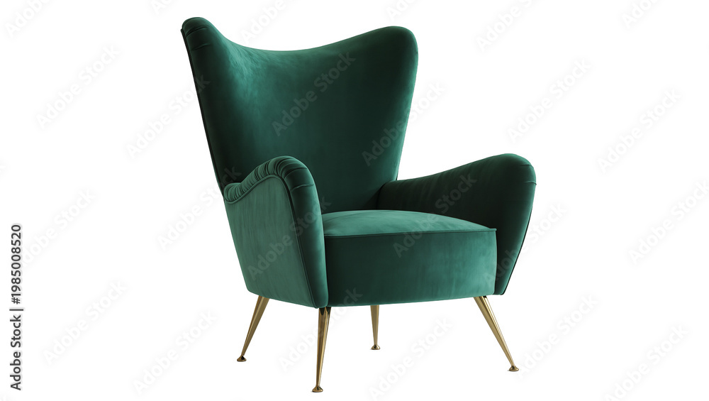 Fototapeta premium Elegant emerald green velvet armchair with gold tapered legs, isolated on transparent background