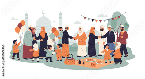 Joyful Eid celebration Diverse Muslim families and friends gather outdoors, sharing food, greetings, and moments of unity near a mosque