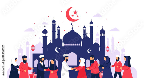 Vibrant Flat Illustration Depicting a Joyful Community Gathering and Greeting in Front of a Majestic Mosque, Symbolizing Unity and Cultural Celebration
