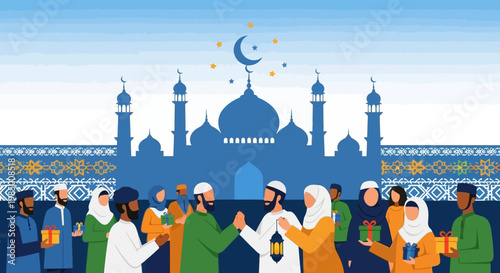 Diverse Muslim Community Joyfully Celebrating a Religious Holiday, Exchanging Gifts and Greetings with a Beautiful Mosque and Crescent Moon Sky