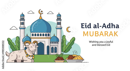 Joyful Eid al-Adha Mubarak celebration with a traditional mosque, sacred ram, and festive food, symbolizing blessings and community spirit