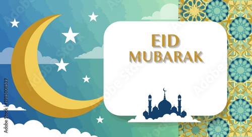 Happy Eid Mubarak greeting card with crescent moon, stars, and mosque silhouette over decorative patterns