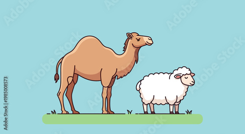 Flat design illustration of a camel and a sheep standing on grass against a blue background, showcasing domestic and desert animals