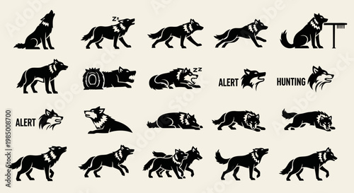 Collection of stylized wolf silhouettes in various poses and actions.