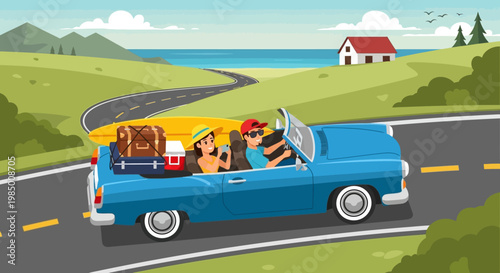 Joyful couple embarking on an exciting summer vacation, cruising in a classic convertible along a scenic coastal road towards a beautiful sunny beach destination