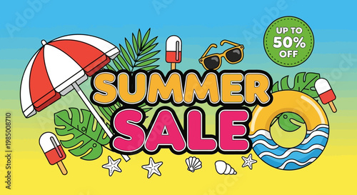 Vibrant summer season sale banner illustration with beach vacation elements, tropical decor, and special discount offer