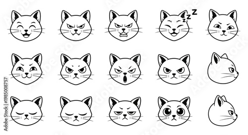 Collection of various cat face expressions in black and white line art.
