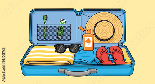 Open blue suitcase filled with summer vacation essentials and holiday travel items, including a towel, sunglasses, hat, flip-flops, and toiletries, ready for a sunny getaway