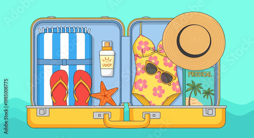 Get ready for your next vacation with this illustration of a packed suitcase filled with summer essentials and travel accessories
