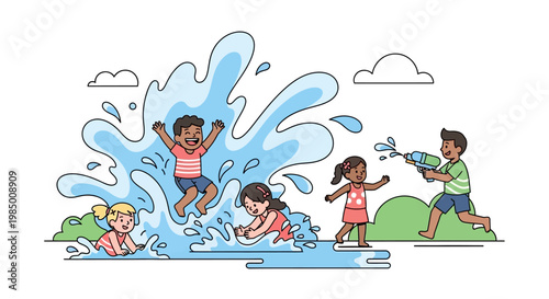 A diverse group of children enjoying a fun water fight on a sunny day, splashing and playing with water guns and water balloons