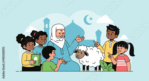Diverse children listen to an elder, celebrating community and sharing cultural values with a sheep near a mosque, representing religious education and unity
