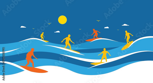 Surfing the waves with sun and sky in this vibrant illustration, a perfect day for water sports