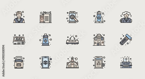 Set of fifteen diverse line art icons representing various concepts and objects.