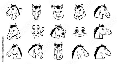 Monochrome Collection of Horse Head Expressions and Emotions.