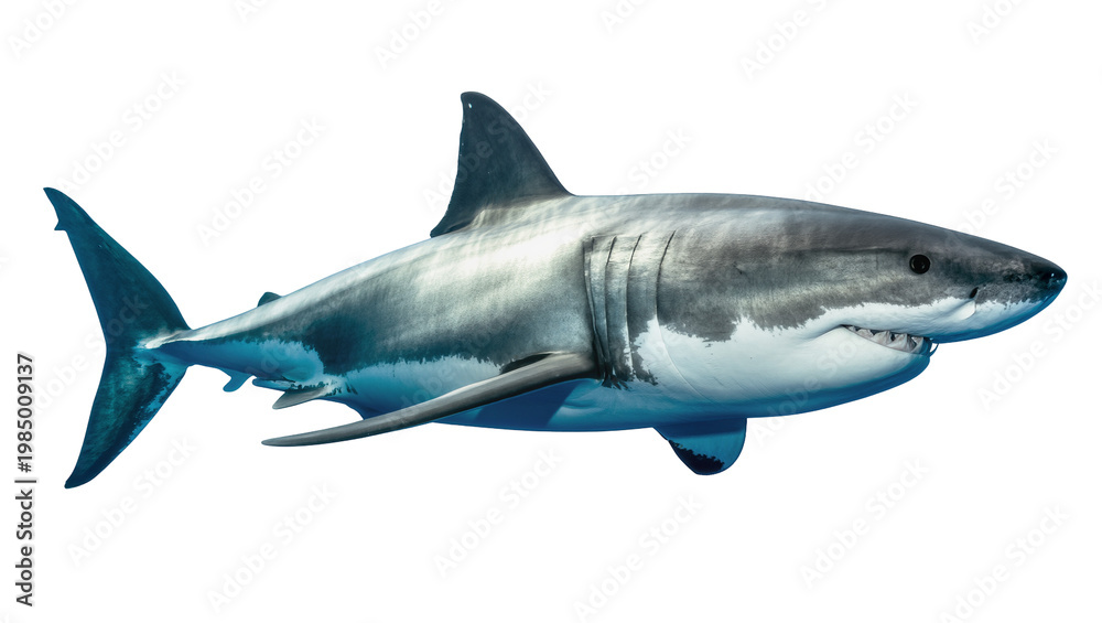 Obraz premium Great white shark with sharp teeth swimming, isolated on transparent background
