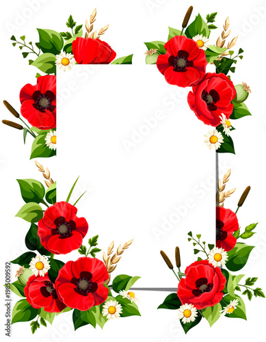 Greeting card with red poppy flowers and green leaves. Vector floral greeting...