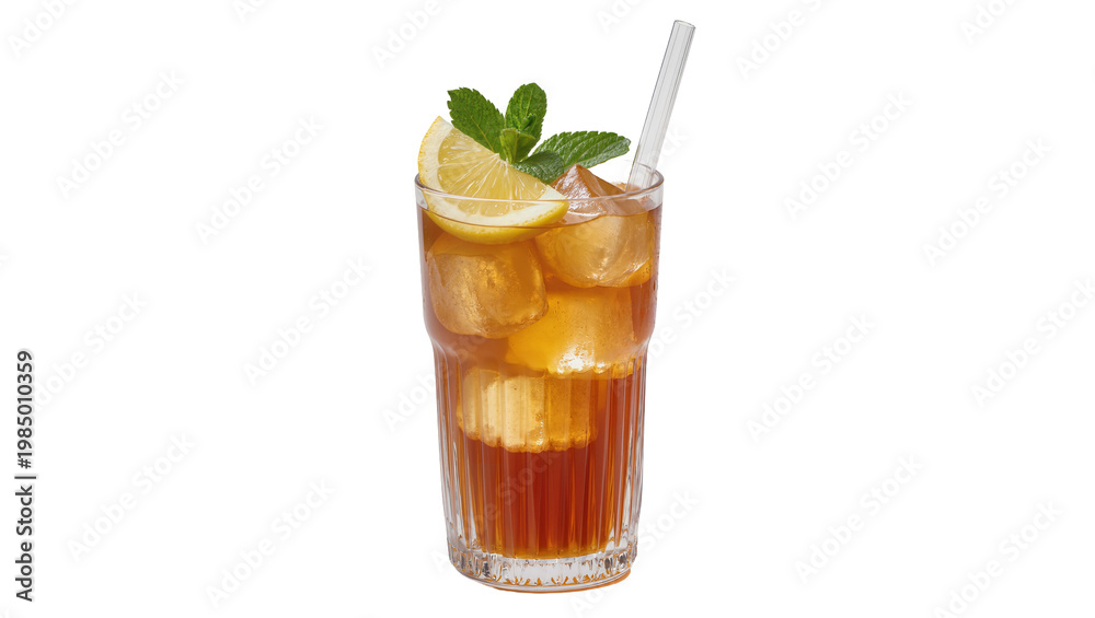 Fototapeta premium Tall glass of iced tea with lemon slice and mint, isolated on transparent background