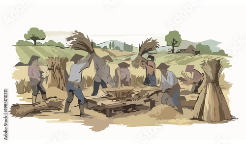 Hand-drawn farmers threshing rice vector