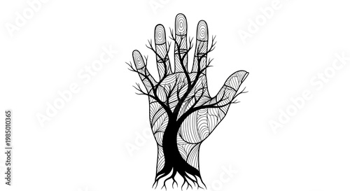 Black and white illustration of a hand with tree roots.