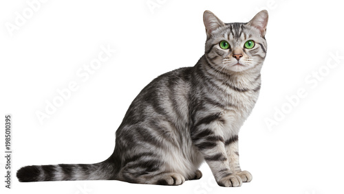 Bild auf Leinwand Silver tabby cat with bright green eyes sitting attentively, isolated on transpa