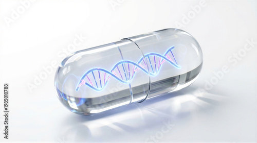 Transparent capsule containing glowing dna double helix. Biotechnology and genetic engineering concept. Innovative medical research and healthcare visualization.