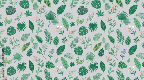 Seamless botanical leaf pattern with green tropical foliage and decorative motifs.