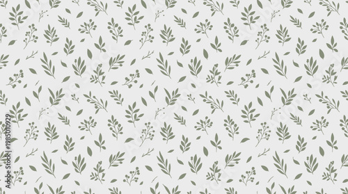 Seamless delicate green botanical leaf pattern on cream background for wallpaper and fabric.