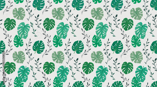 Seamless tropical monstera leaf pattern with hand-drawn accents.