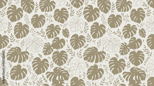 Beige and cream monstera leaf seamless botanical wallpaper pattern.