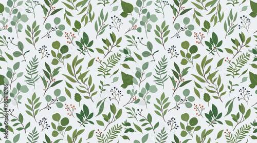 Hand drawn seamless botanical pattern of green leaves and berries.
