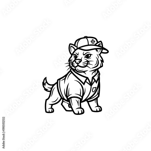 Stylized Cat Character Wearing a Baseball Cap and Button-Up Shirt.