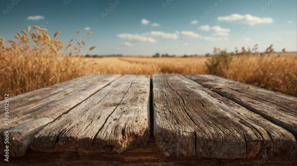 Obraz premium Rustic wooden table surface with blurred wheat field background. Empty old wood planks for product display in countryside. Golden harvest landscape with blue sky. Copy space