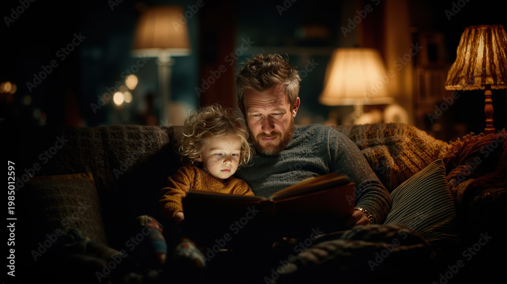 Fototapeta premium Cozy evening reading: man and child sharing a story on the sofa lit by soft, warm lamp light