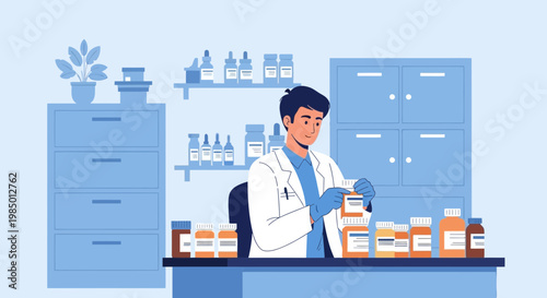 Pharmacist in white coat with gloves organizing medicine bottles in a pharmacy