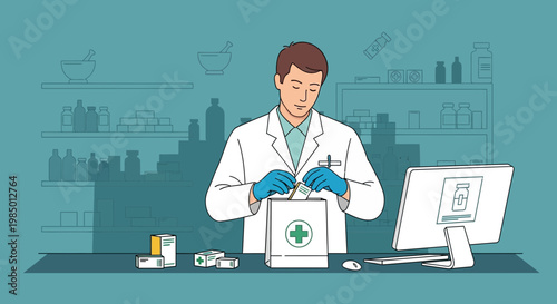 Pharmacist in white coat preparing medication in pharmacy with computer and shelves of medicine