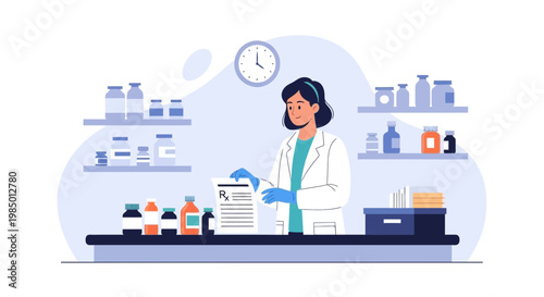 Pharmacist in white coat reviewing prescription at counter with shelves of medicine bottles
