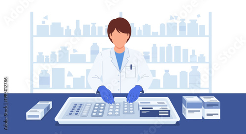 Pharmacist in white coat sorting pills and medications on a tray in a pharmacy