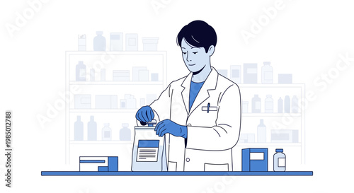 Pharmacist in white coat preparing medication in a pharmacy, shelves with medicine in background