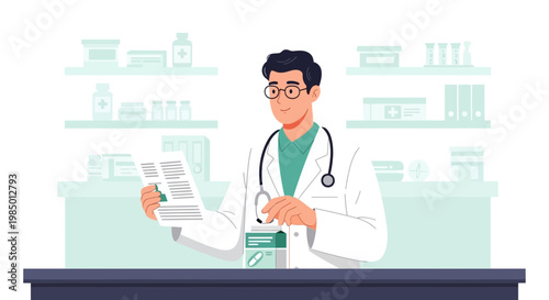 Pharmacist in white coat with stethoscope holding prescription and medicine box in pharmacy